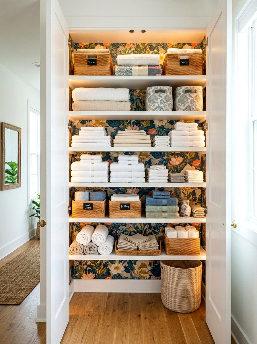 Patterned Wallpaper Backing - 30 linen closet organization ideas