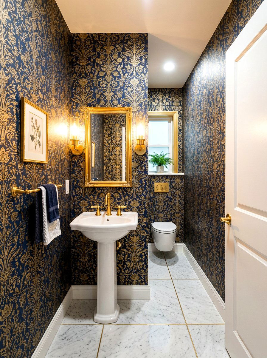Patterned Wallpaper Bathroom - 30 tiny apartment bathroom ideas