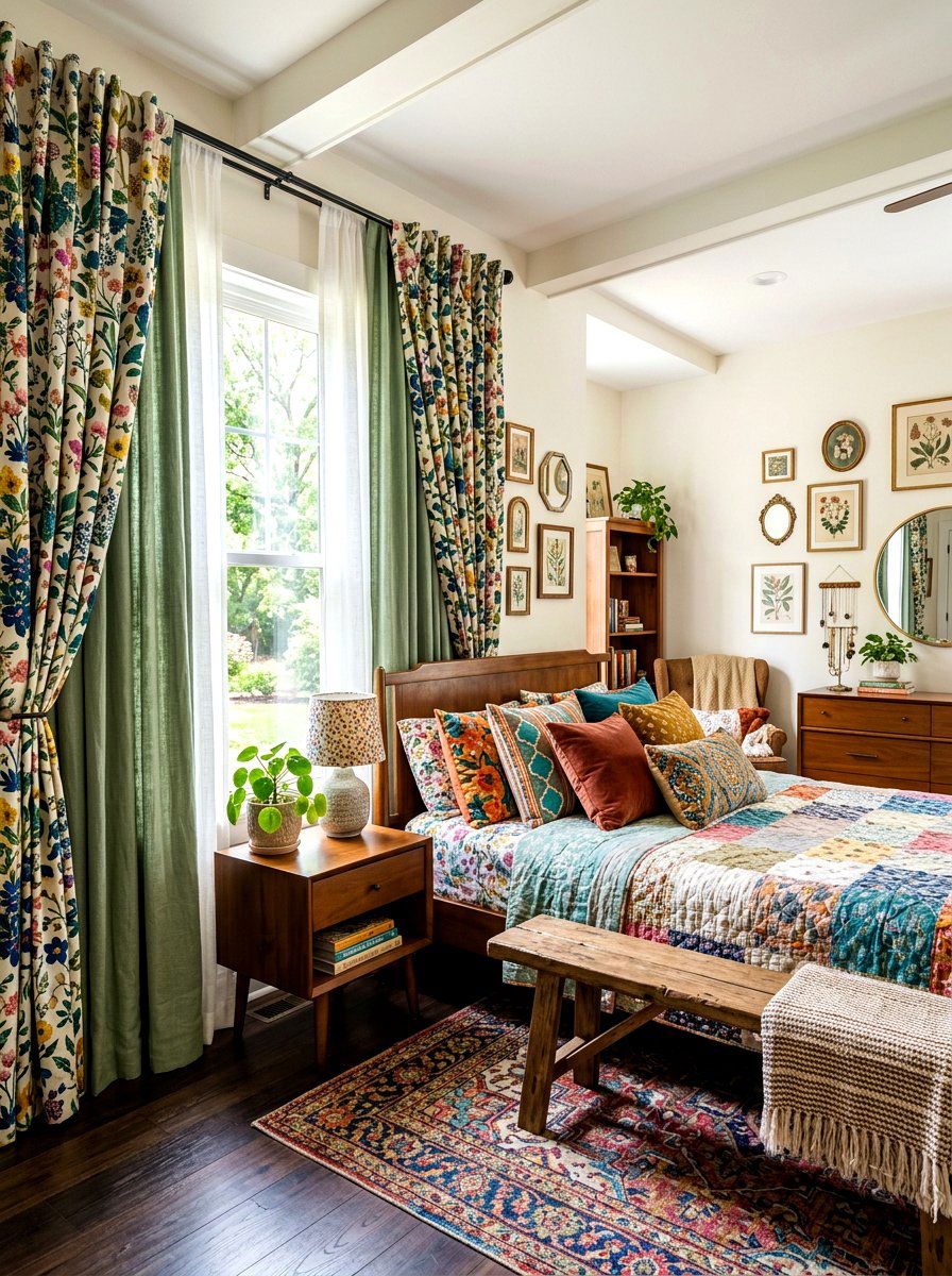 Patterned and solid curtains - 30 bedroom curtain layering ideas aesthetic
