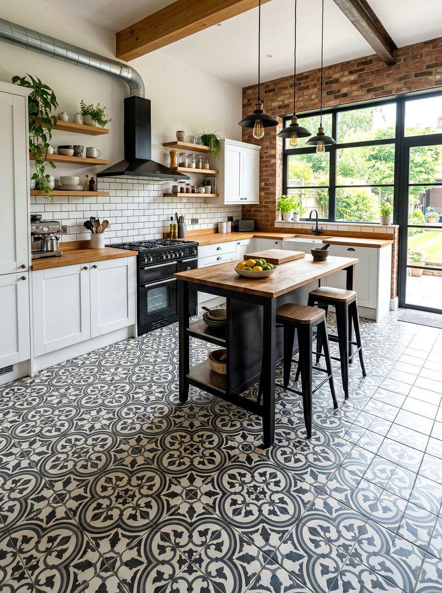 Patterned cement floor tile - 30 industrial farmhouse kitchen ideas