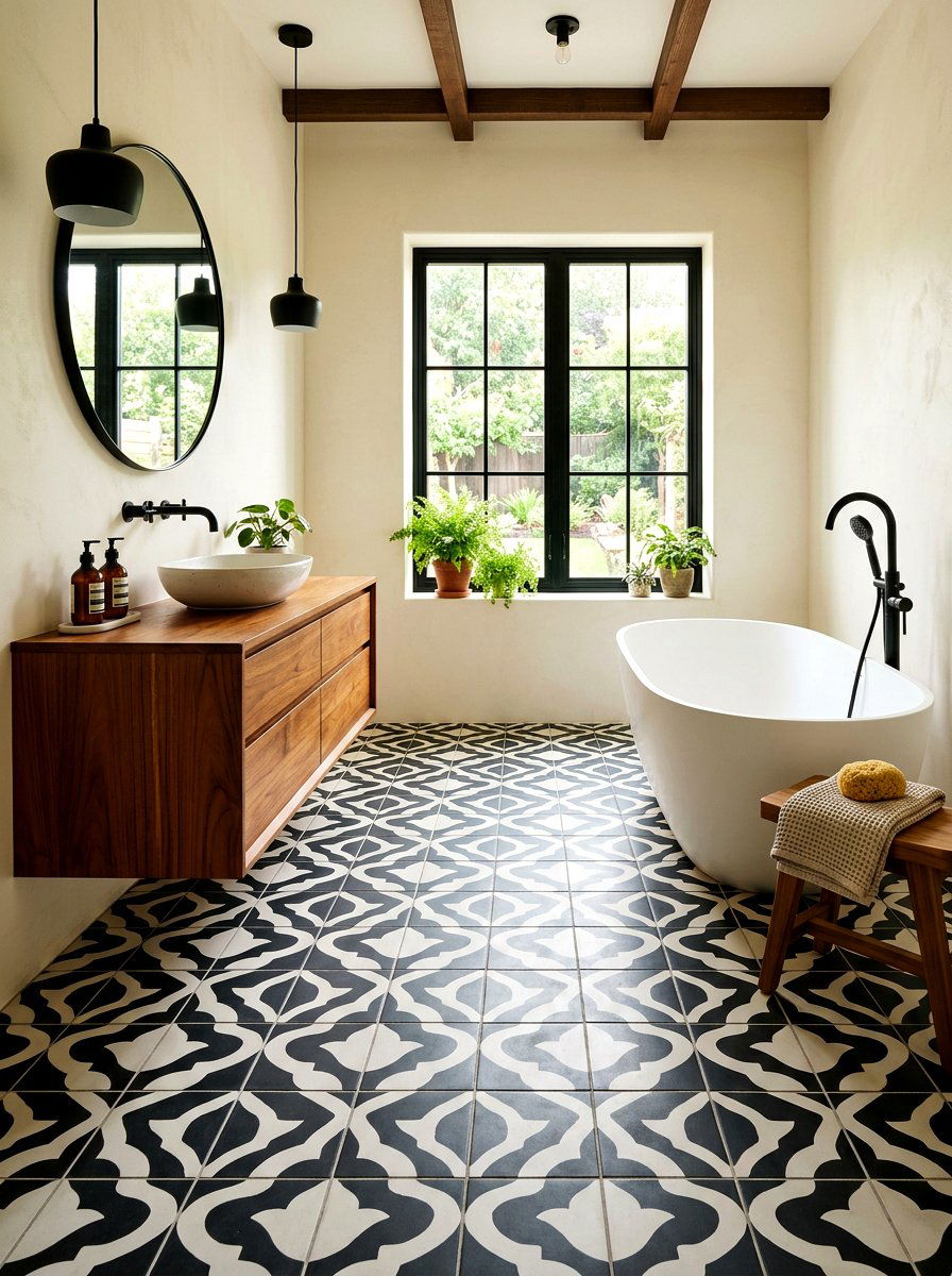 Patterned cement tile - 30 mid century bathroom ideas