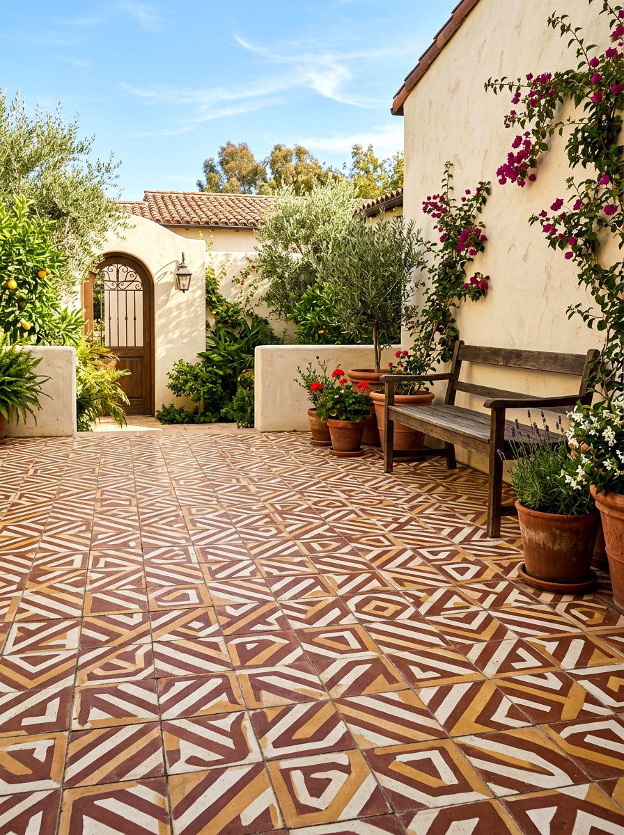 Patterned cement tile courtyard - 30 Mediterranean front courtyard ideas