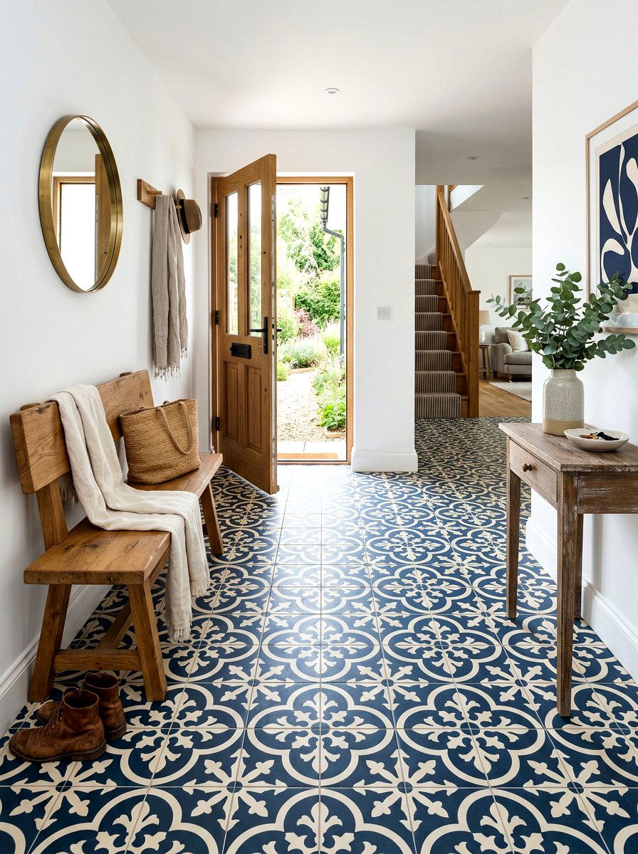 Patterned cement tile entryway - 30 niche tile contrast ideas