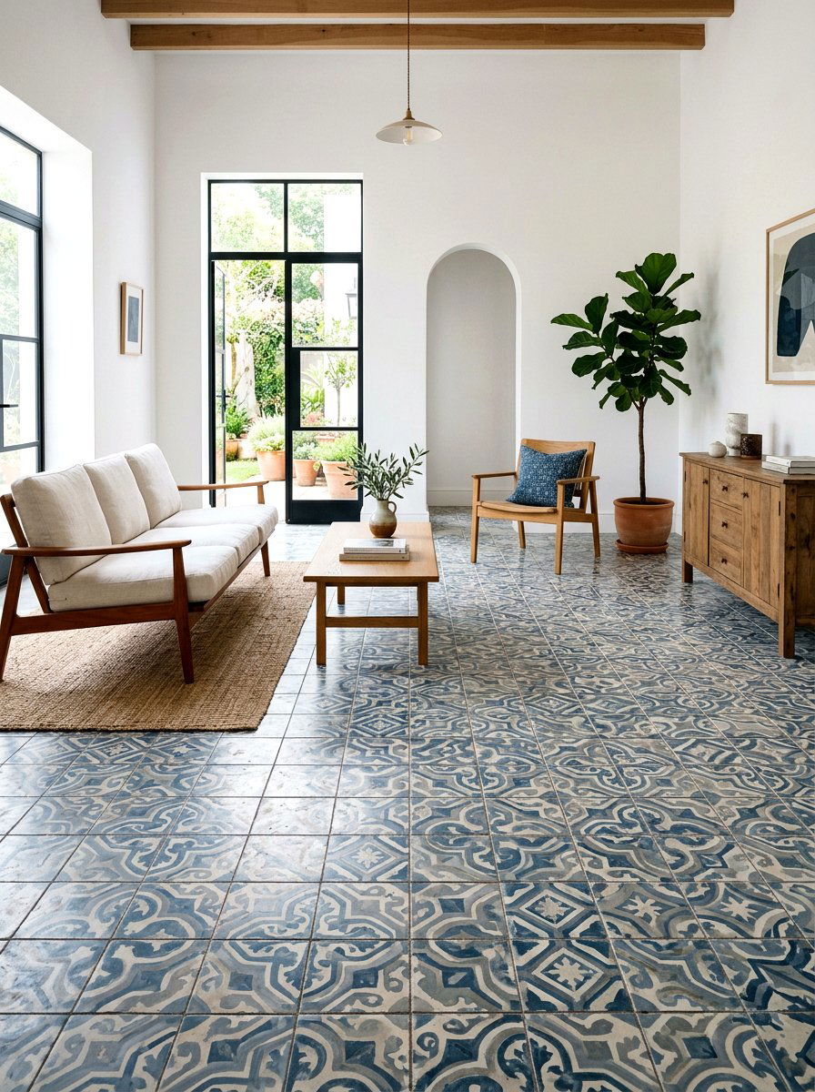 Patterned cement tile living room - 30 warm Mediterranean lounge ideas