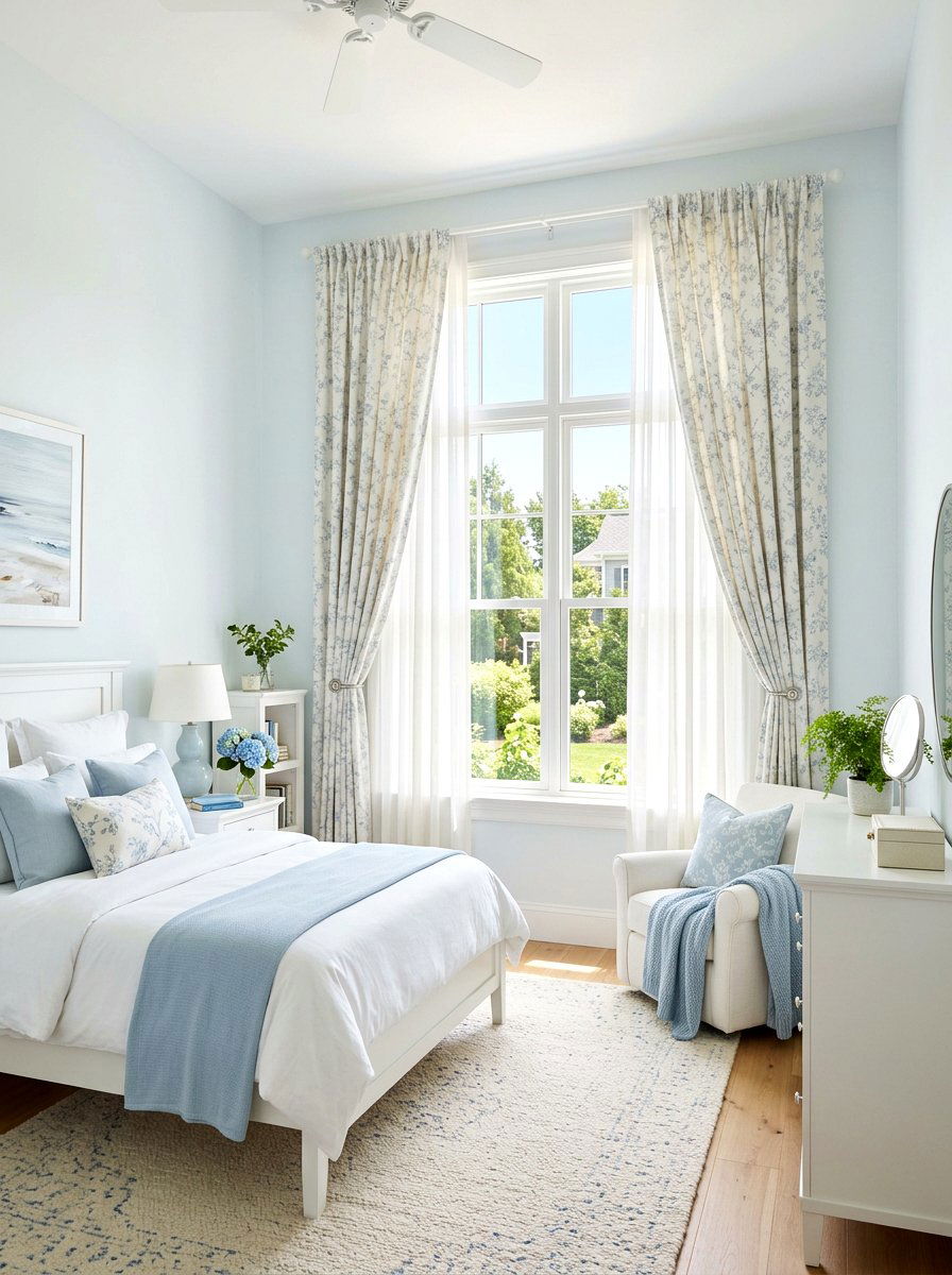 Patterned drapes over solid sheers - 30 bedroom curtain layering ideas