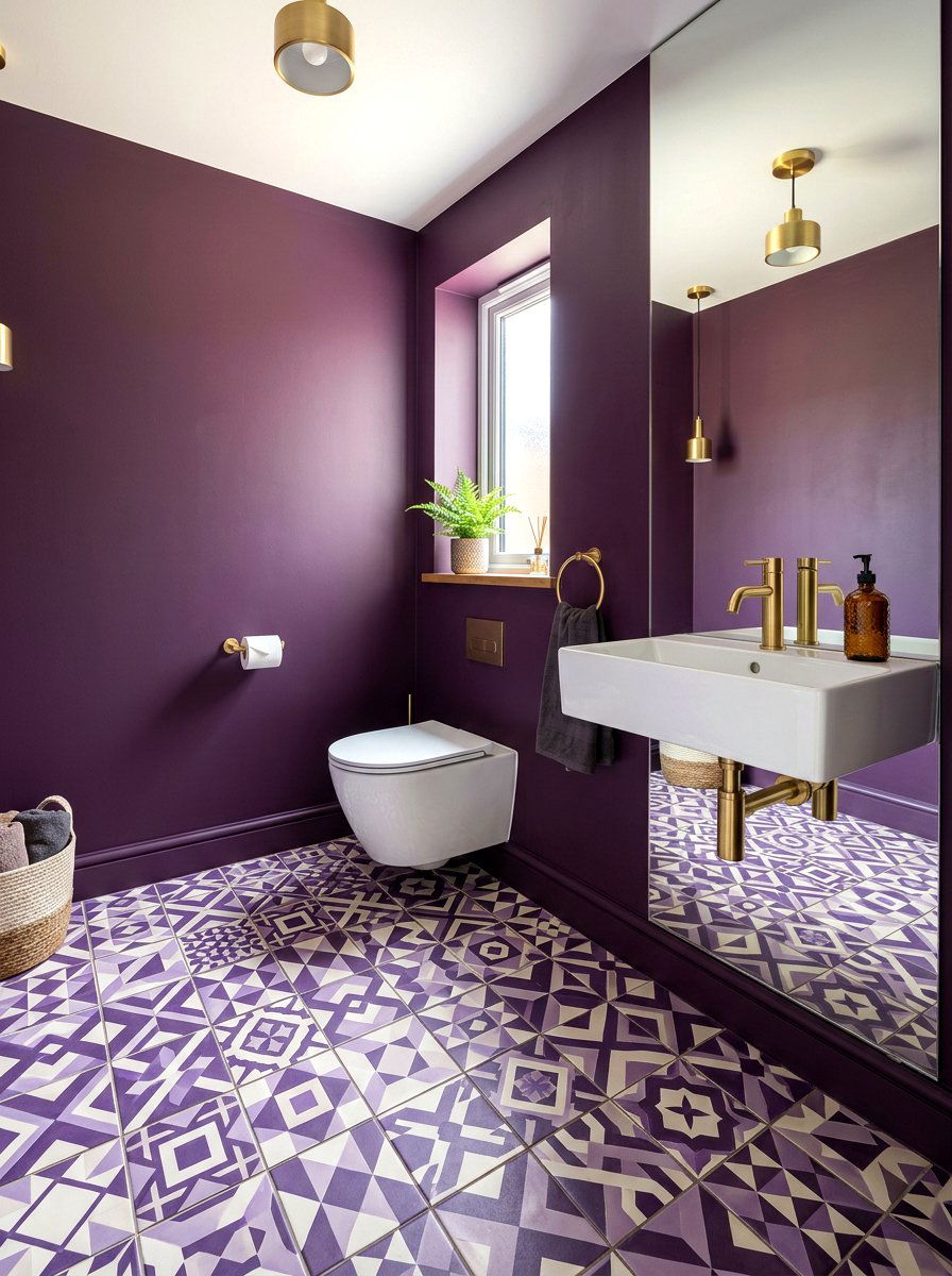Patterned floor tile - 30 aubergine powder room ideas