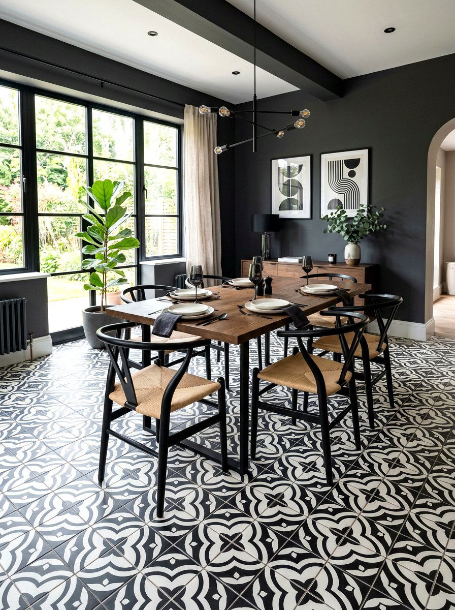 Patterned floor tile - 30 moody supper club dining ideas