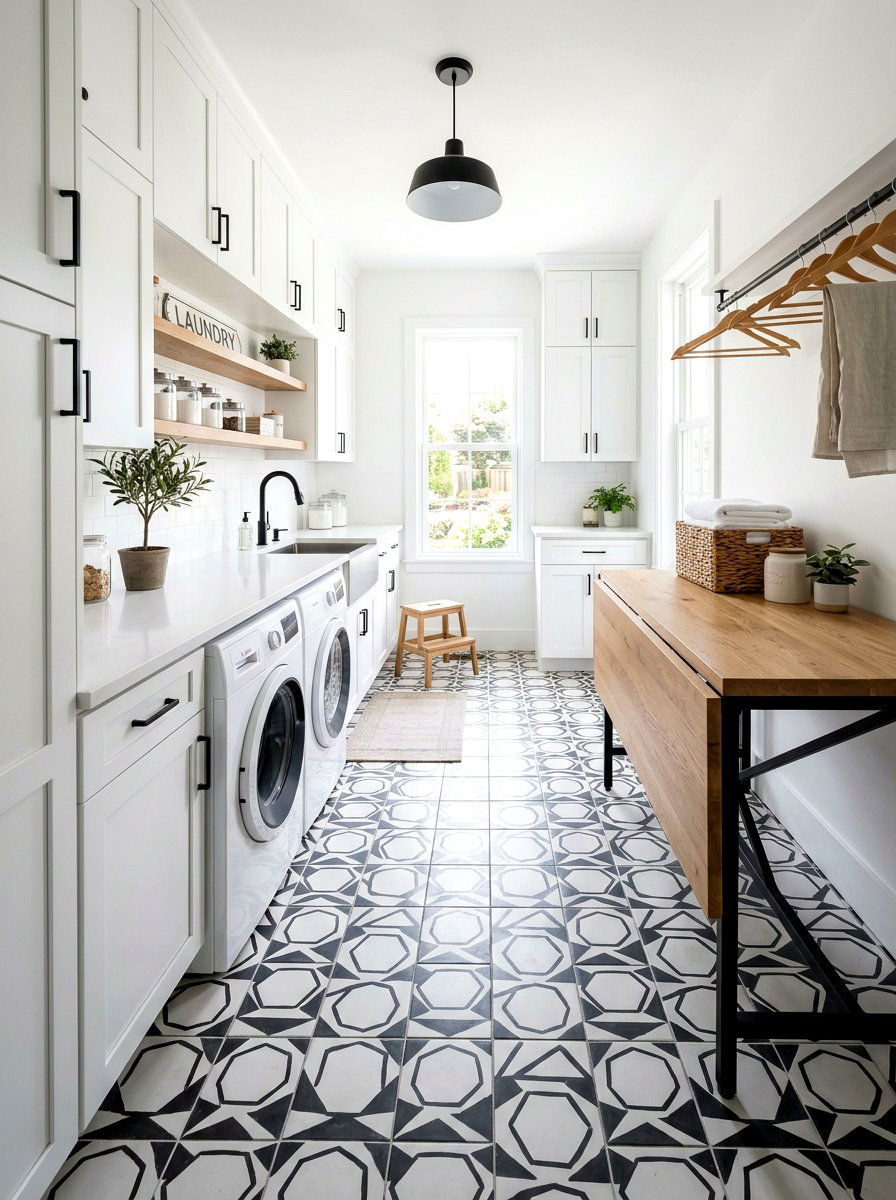 Patterned floor tile laundry room - 30 mudroom laundry room ideas