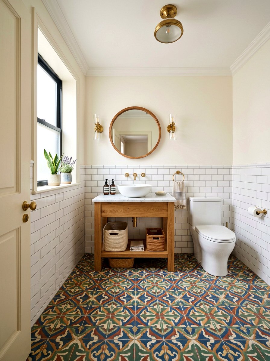 Patterned floor tile powder room - 30 jewel box powder room ideas