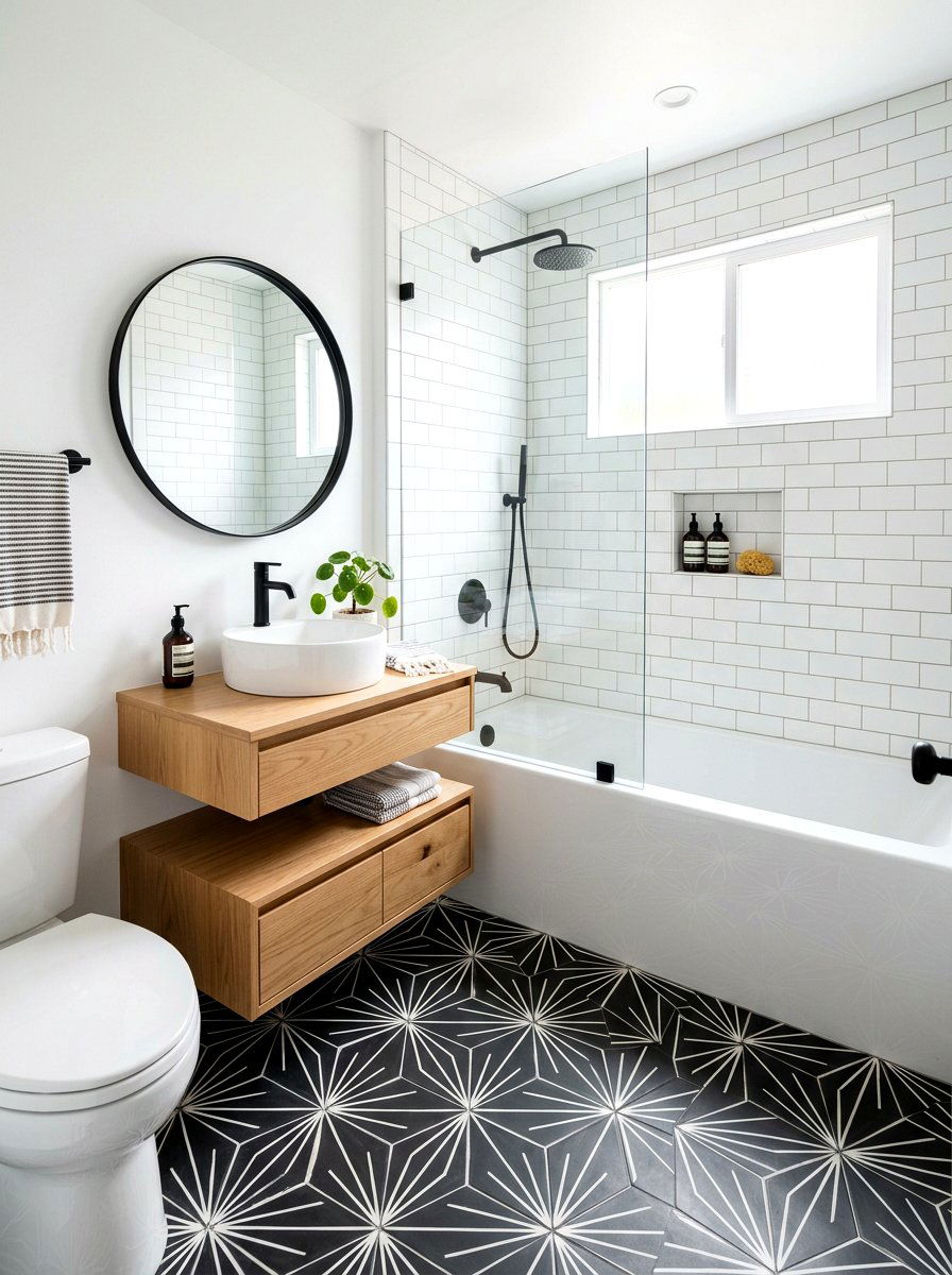 Patterned floor tile tub shower - 30 tub shower combo ideas