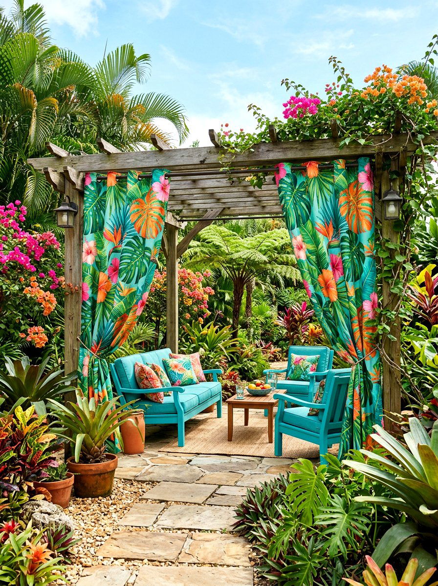 Patterned floral curtains - 30 pergola curtain ideas