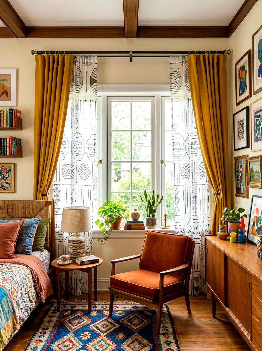 Patterned sheer curtains with solid drapes - 30 bedroom curtain layering ideas