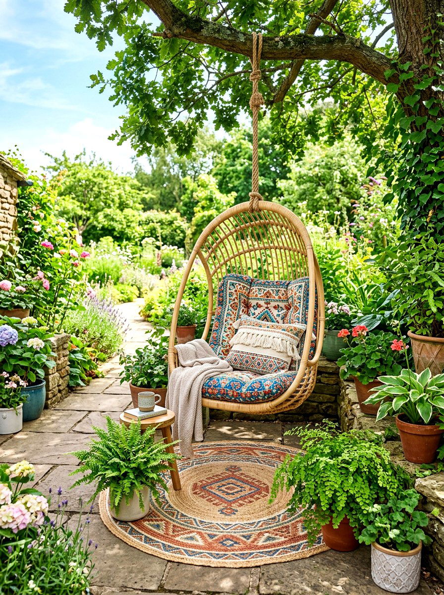 Patterned swing cushion - 30 boho patio cushion ideas