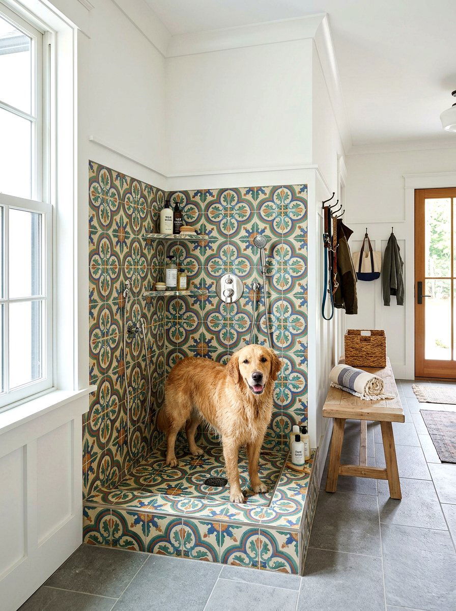 Patterned tile dog wash station - 30 mudroom dog wash ideas