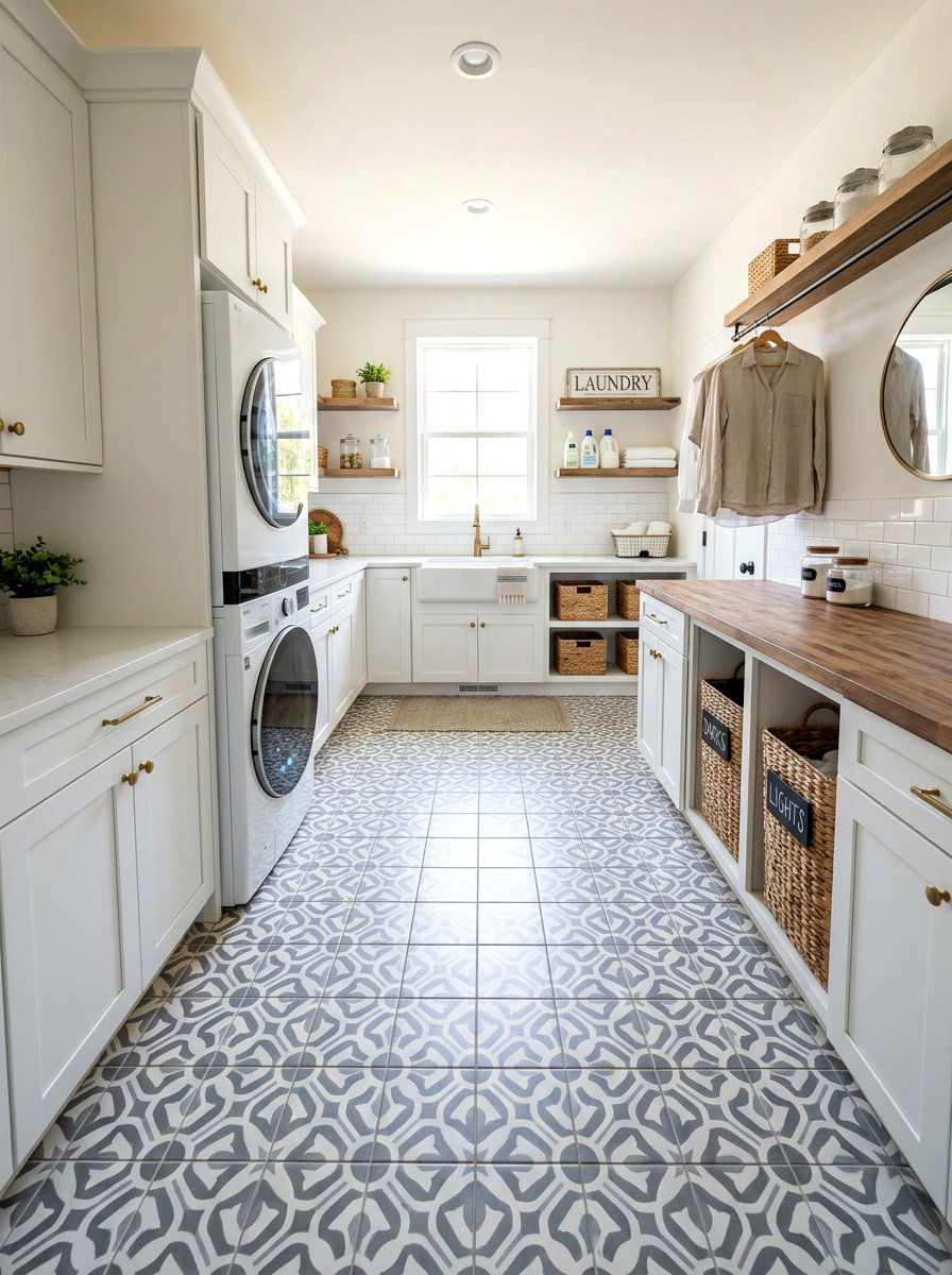 Patterned tile laundry floor - 30 farmhouse laundry room ideas