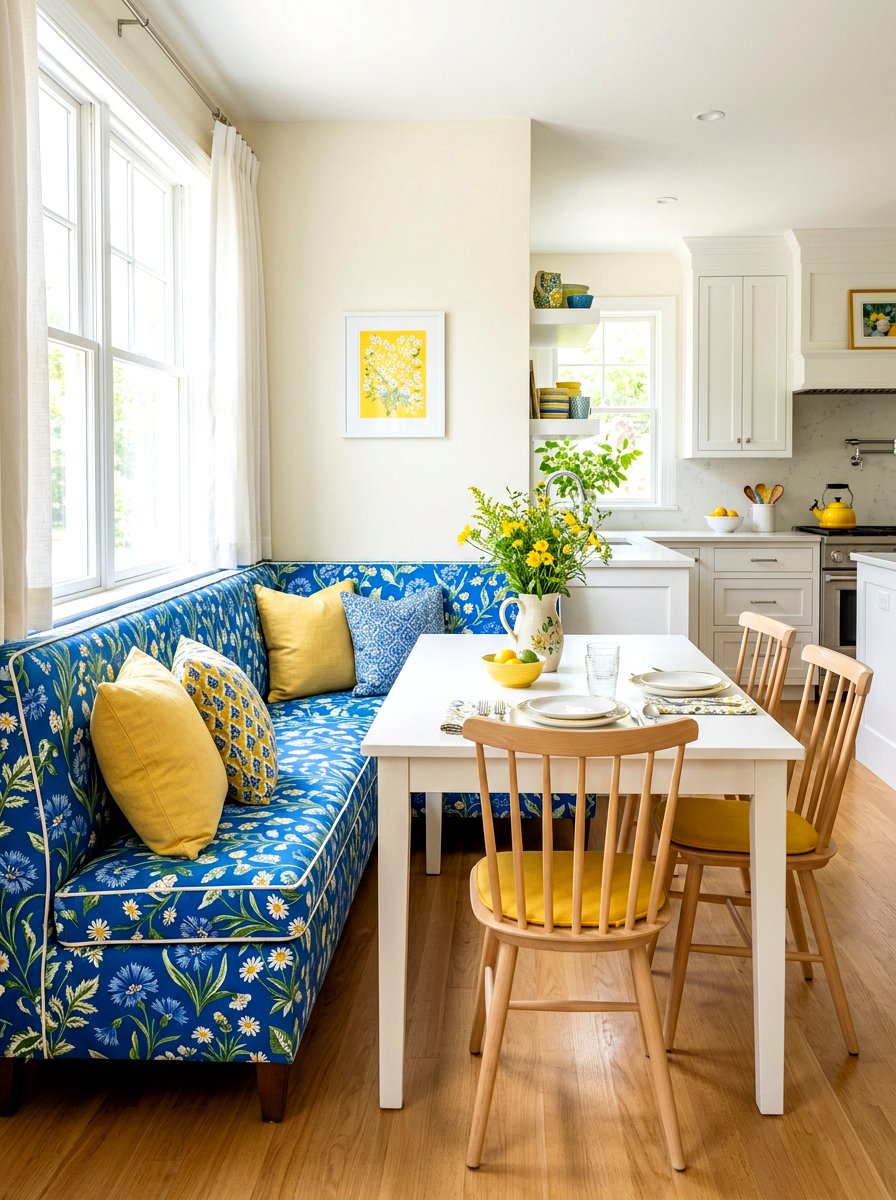 Patterned upholstery bench - 30 banquette dining room ideas