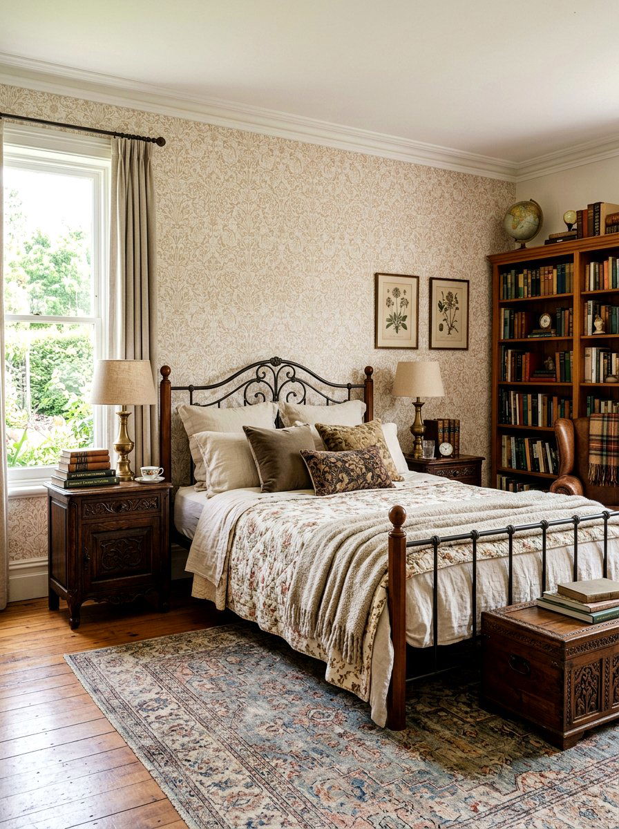 Patterned wallpaper accent - 30 light academia bedroom ideas
