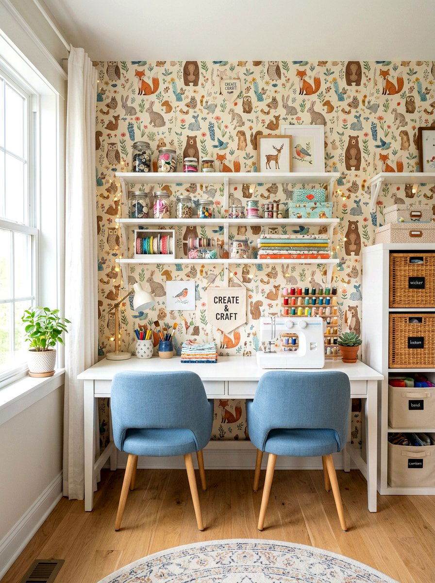Patterned wallpaper craft space - 30 kids craft room ideas