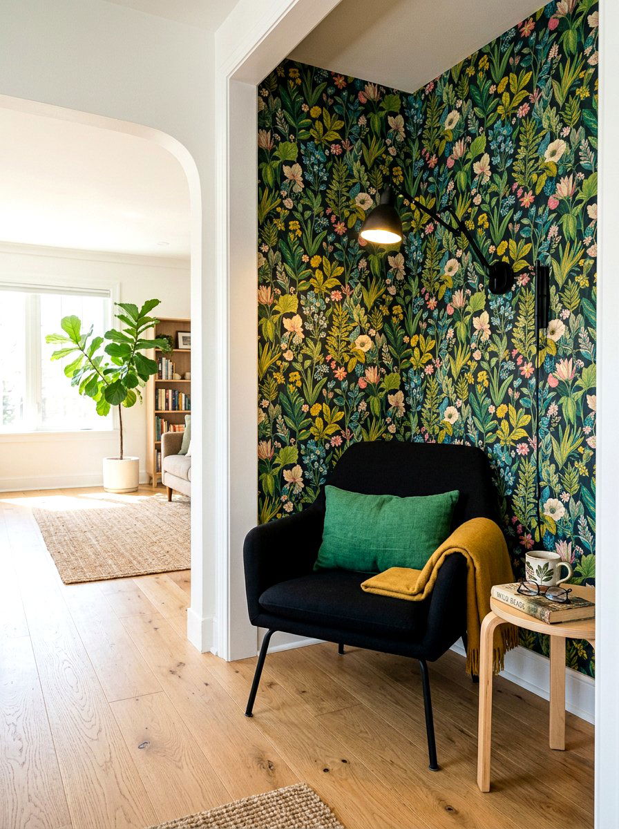 Patterned wallpaper reading nook - 30 hallway reading nook ideas