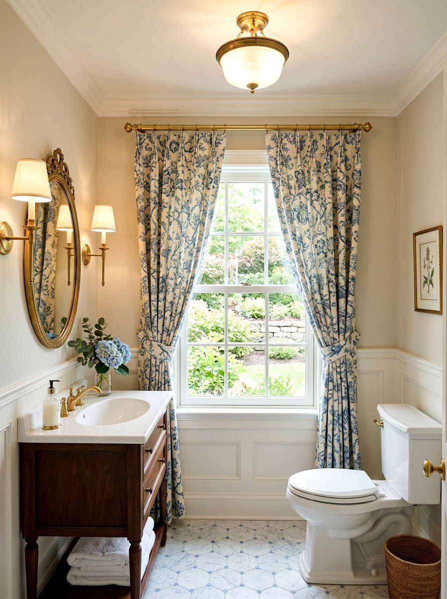 Patterned window curtains - 30 traditional powder room ideas