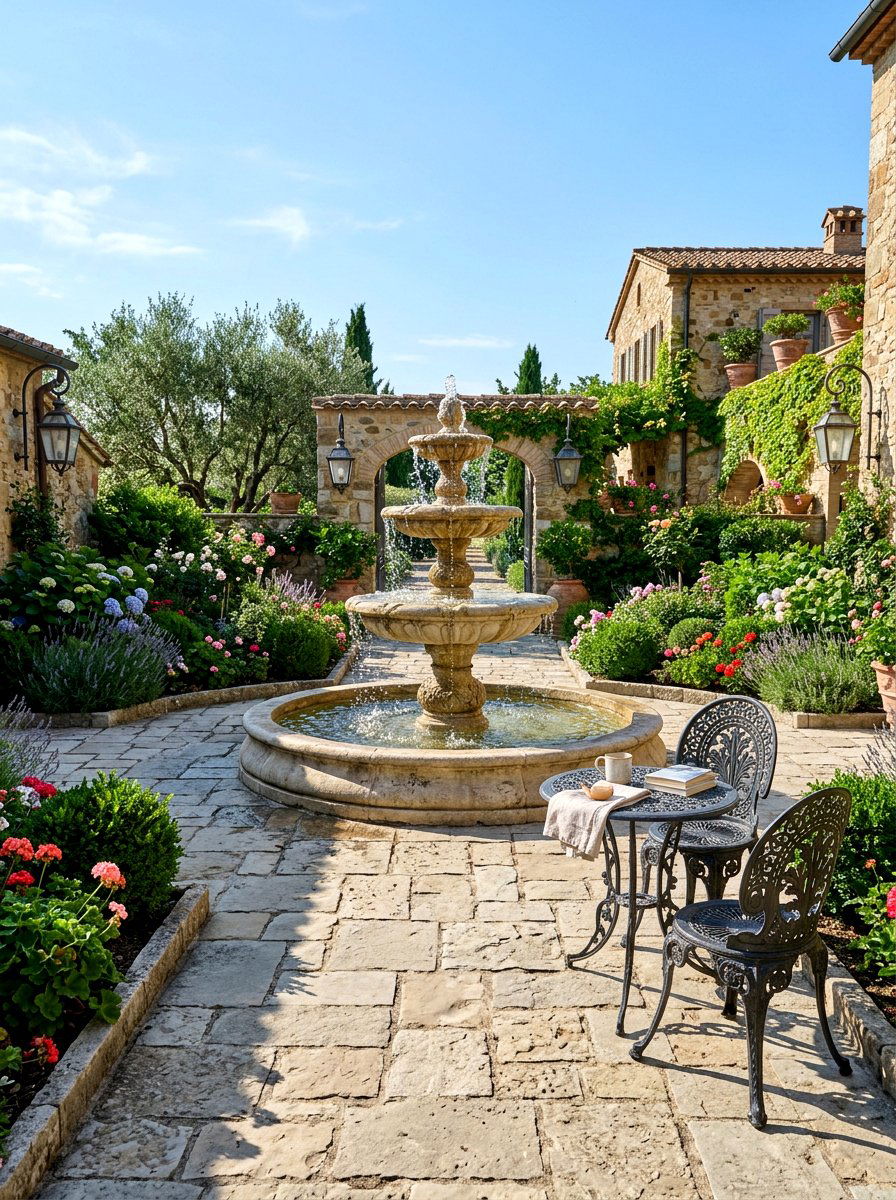 Paver Courtyard With Water Feature - 30 no grass backyard ideas