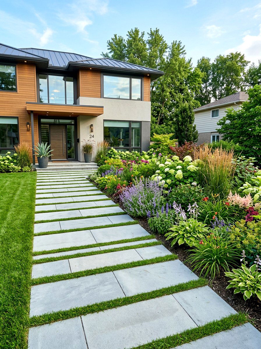 Paver Walkway - 30 asymmetrical front yard landscaping ideas