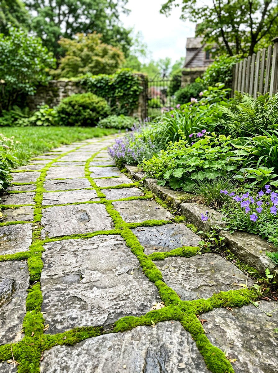 Paver and moss sidewalk edge - 30 sidewalk garden ideas