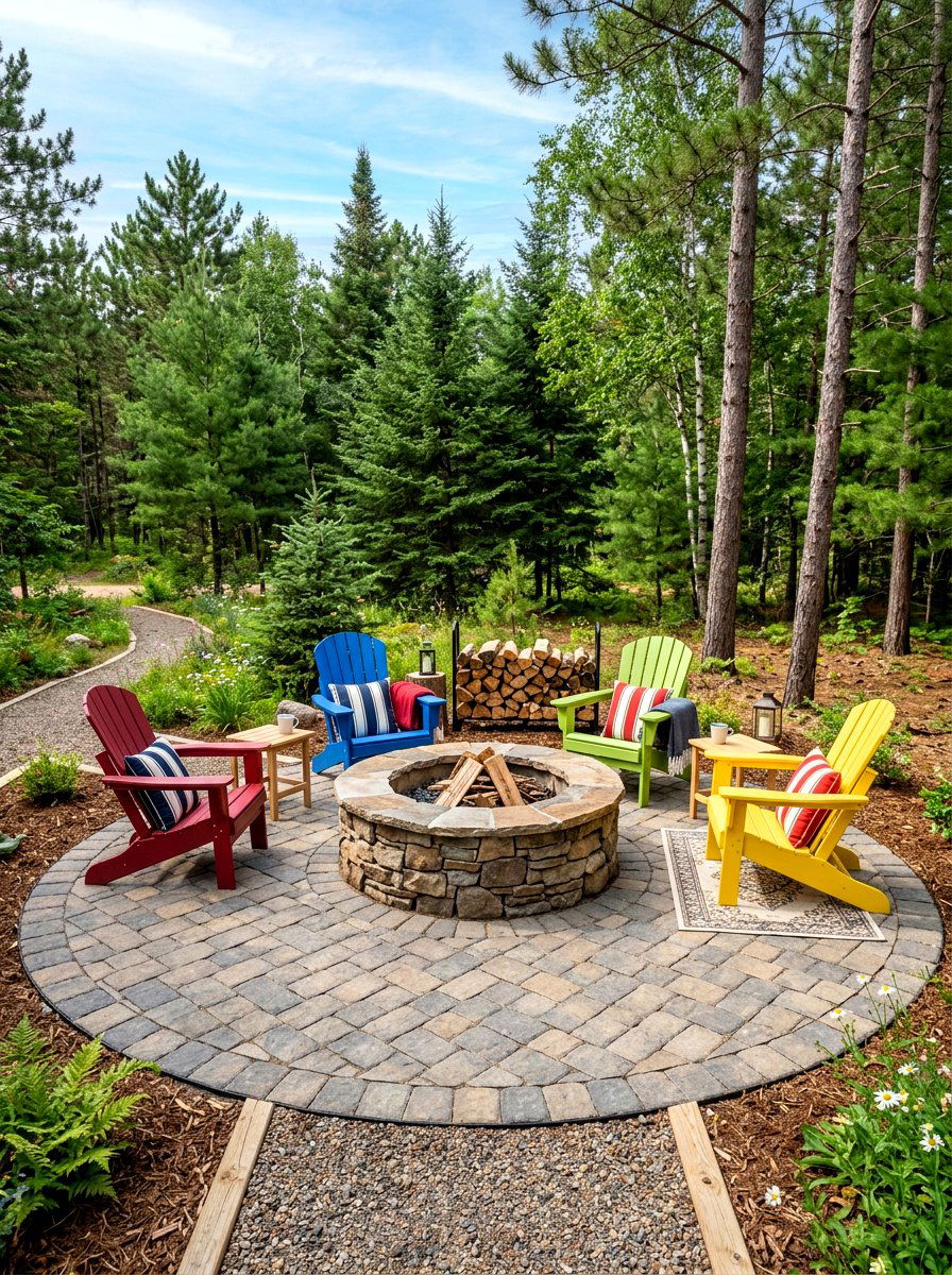 Paver fire pit with Adirondack chairs - 30 paver fire pit patio ideas