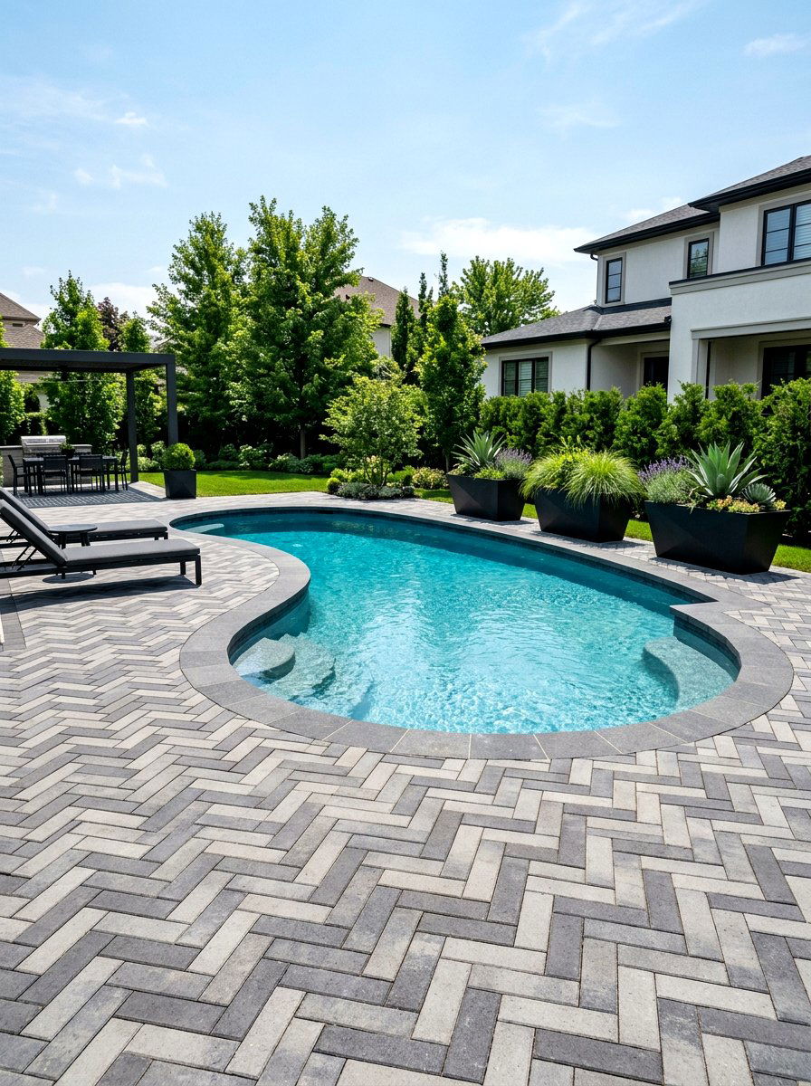 Paver patio around kidney pool - 30 kidney shaped pool ideas