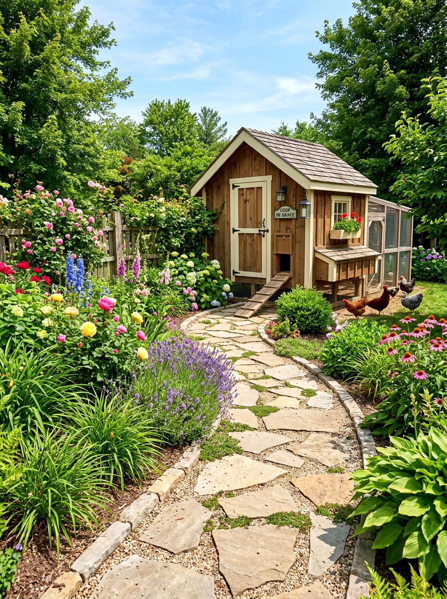 Paver stone path to chicken coop - 30 backyard coop garden ideas
