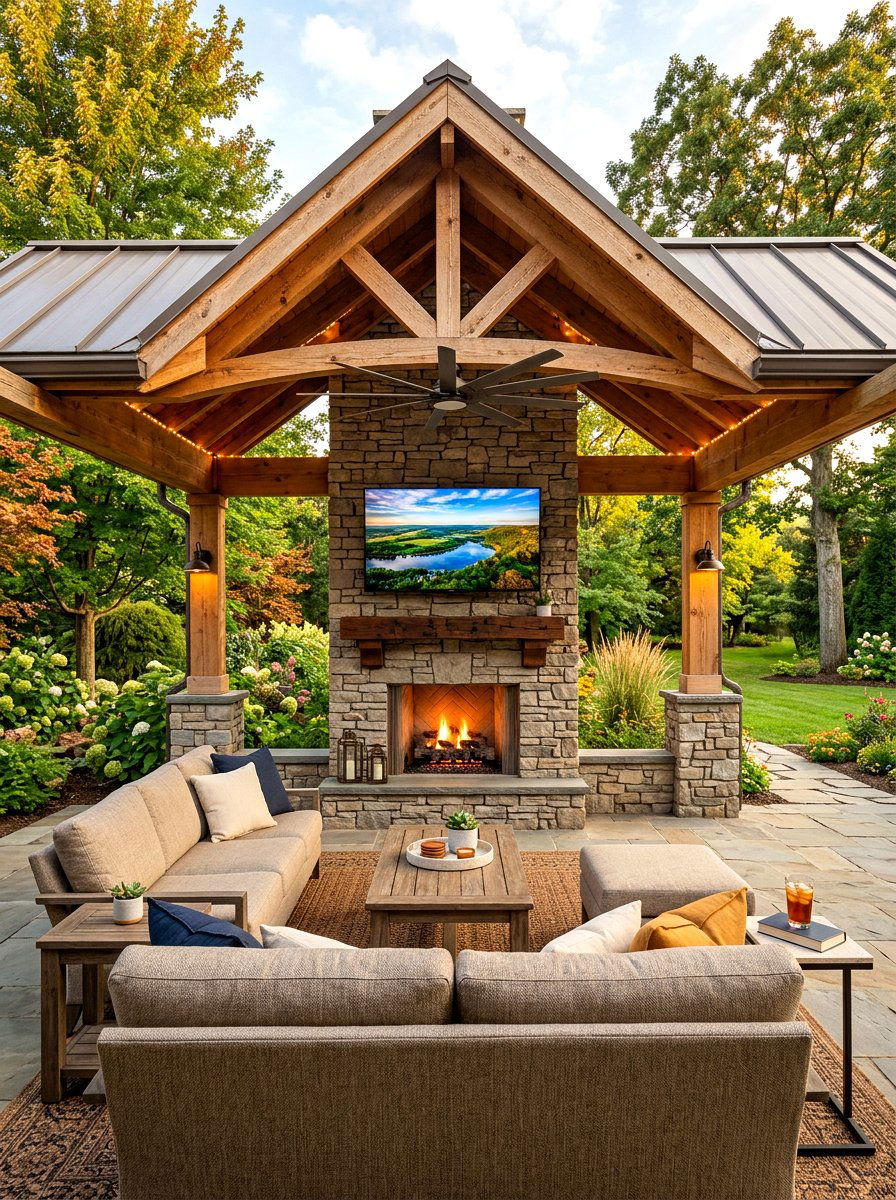 Pavilion With Fireplace And TV - 30 backyard pavilion ideas