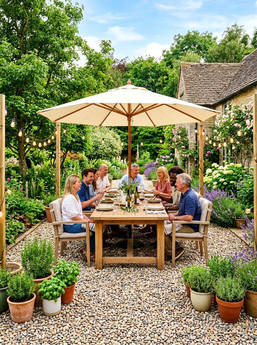 Pea Gravel Dining - 30 gravel courtyard ideas