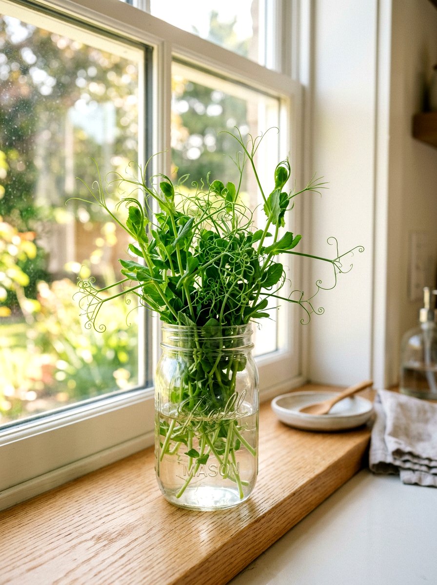 Pea Shoots In Mason Jar - 30 windowsill vegetable garden ideas