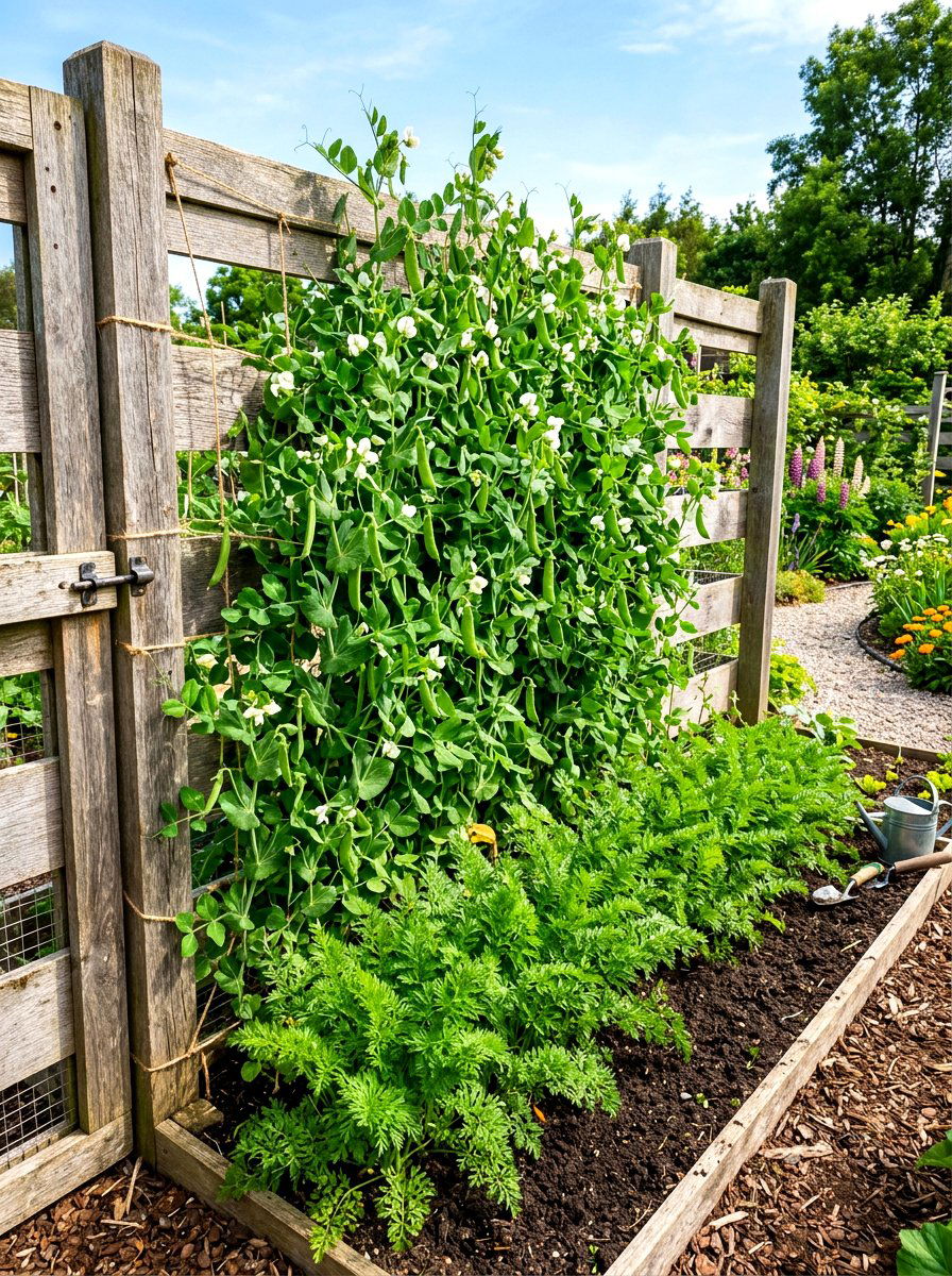 Pea and carrot vertical growth - 30 vegetable garden companion planting ideas
