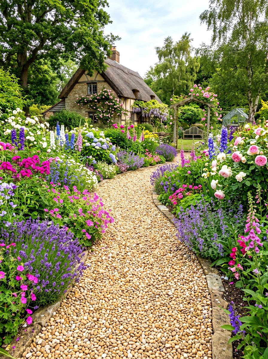 Pea gravel garden path - 30 stone mulch border ideas