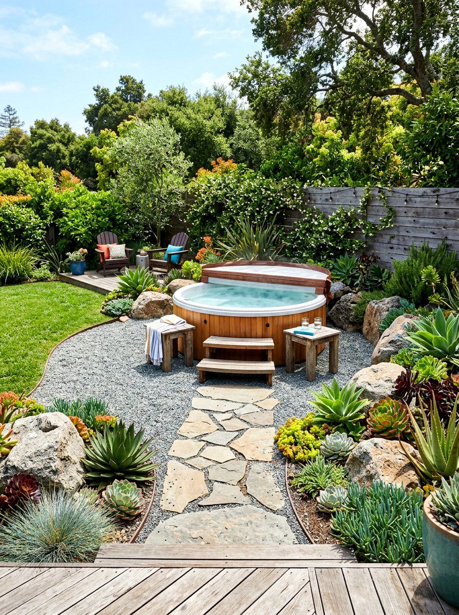 Pea gravel hot tub - 30 small hot tub patio ideas