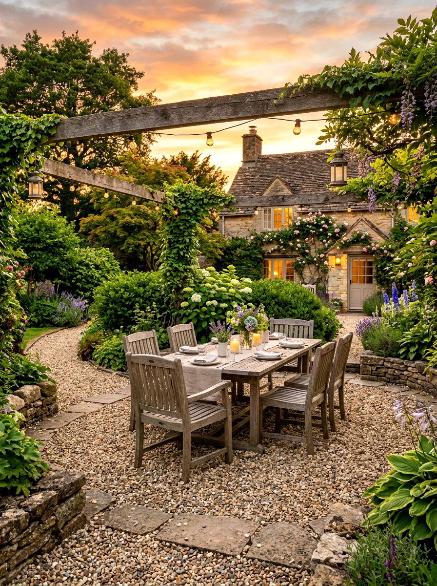 Pea gravel patio - 30 farmhouse backyard ideas