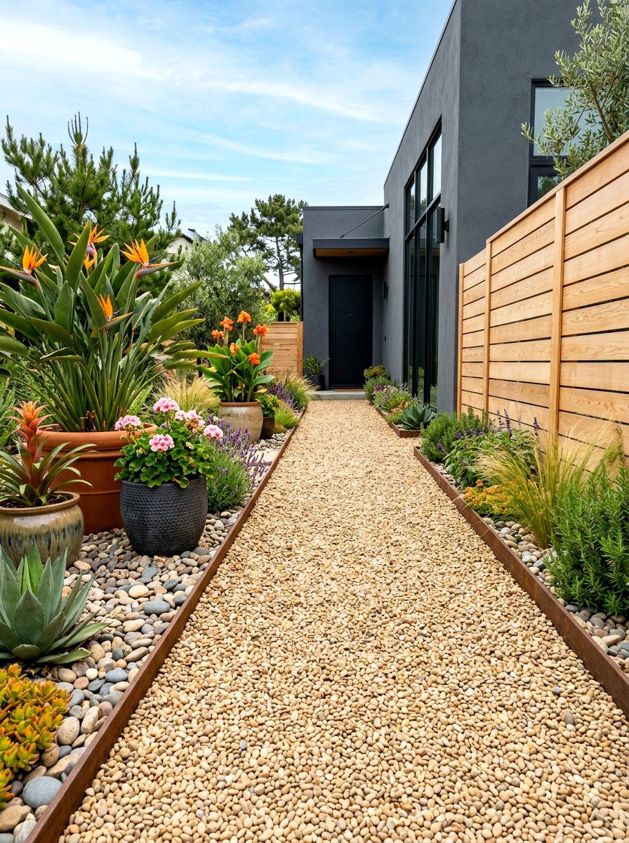 Pea gravel walkway - 30 narrow side yard path ideas