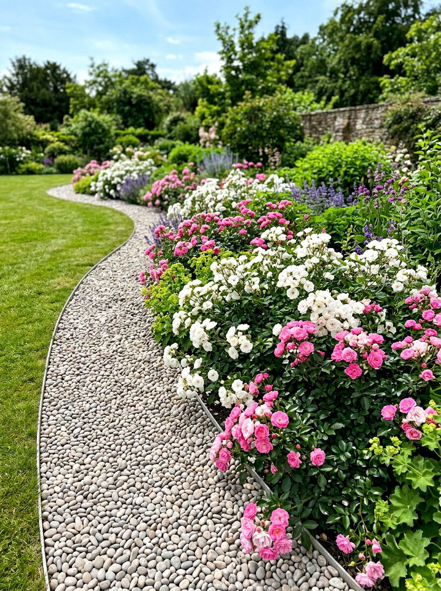 Pea shingle rose border - 30 rose garden walkway ideas