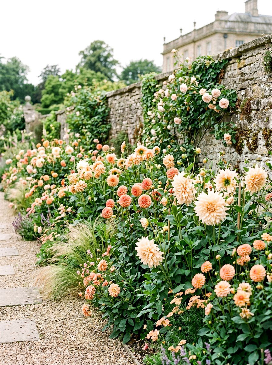 Peach And Apricot Dahlia Border - 30 dahlia garden ideas