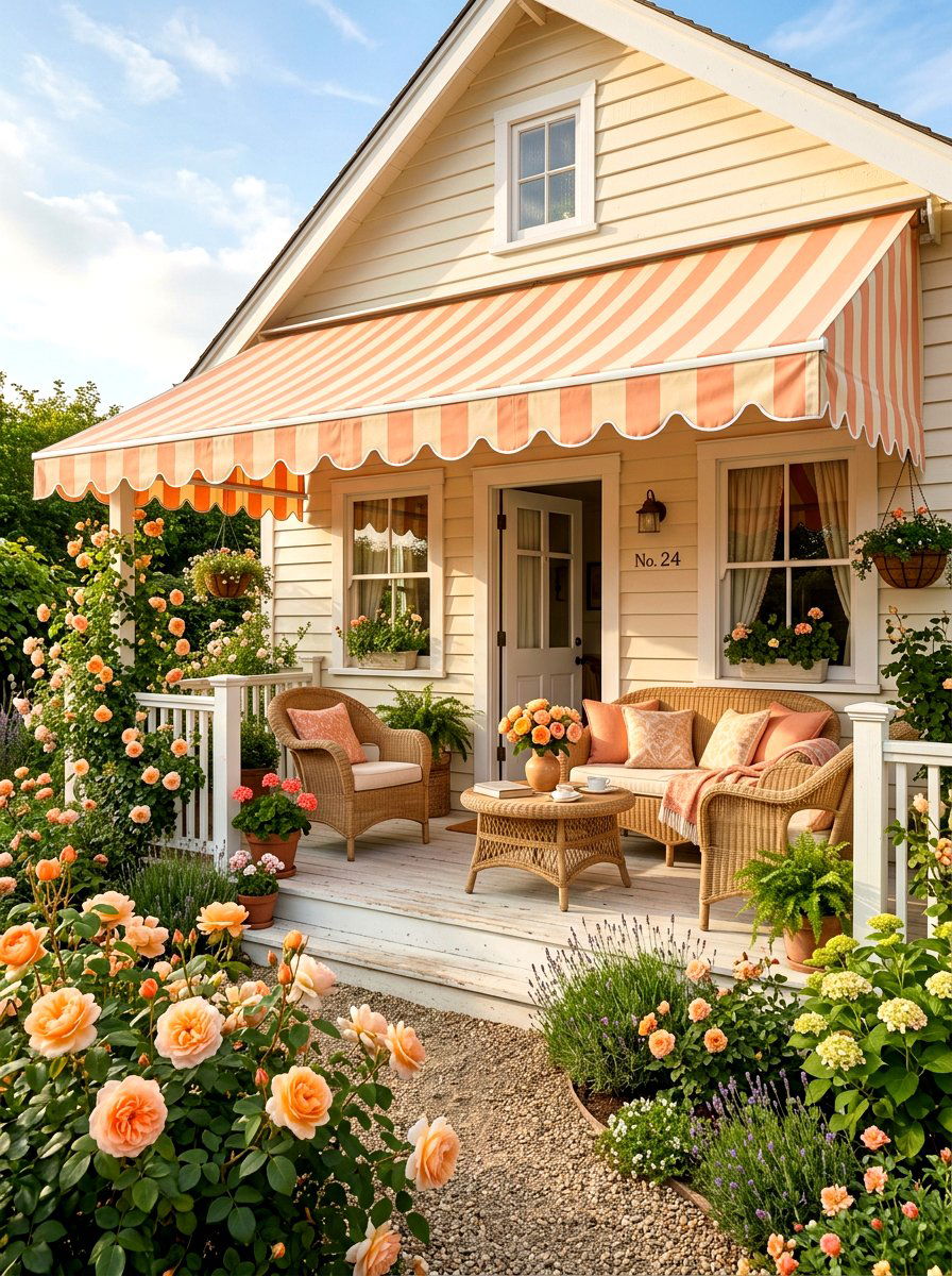 Peach And White Striped Awning - 30 scalloped awning ideas