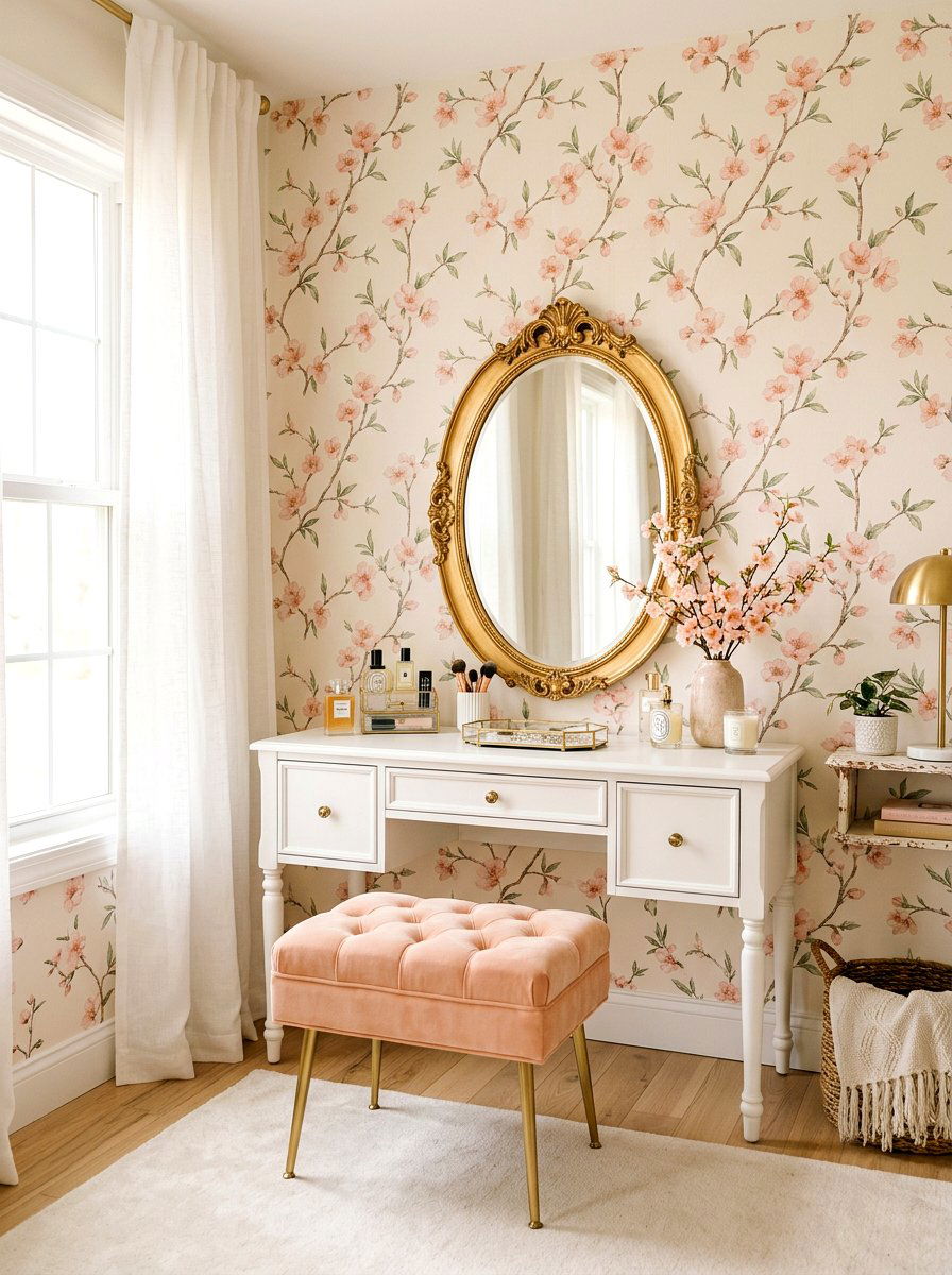 Peach Blossom Vanity Area Wallpaper - 30 spring floral wallpaper ideas