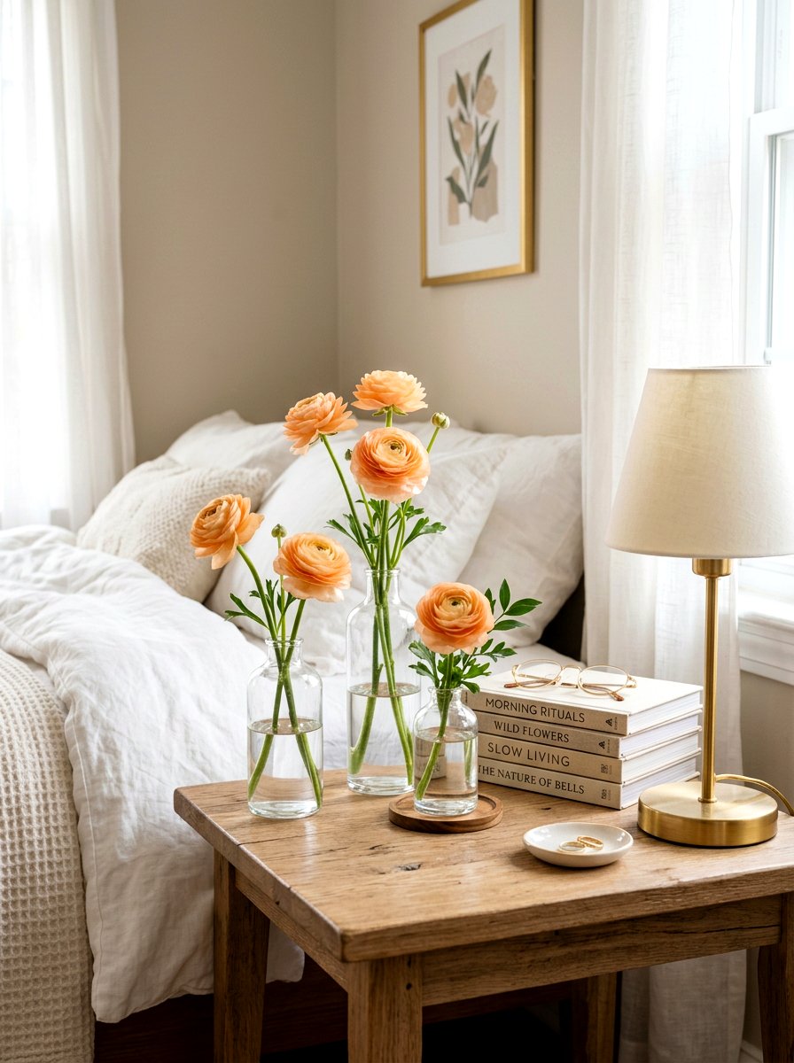 Peach Ranunculus In Bud Vases - 30 spring flower arrangement ideas