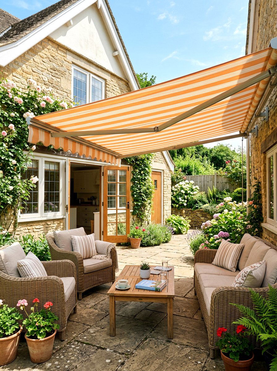 Peach Stripe Awning - 30 apricot patio ideas