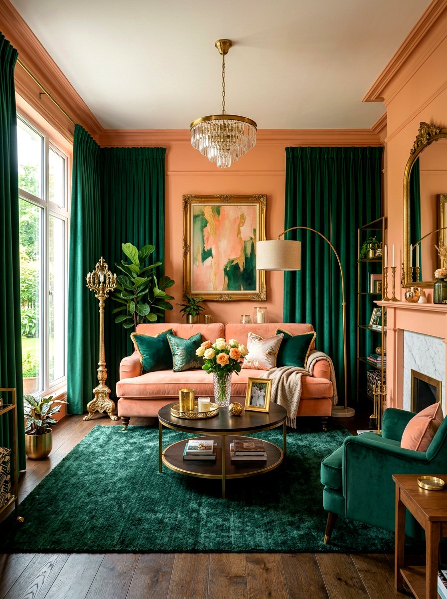 Peach and emerald green living room - 30 peach living room ideas