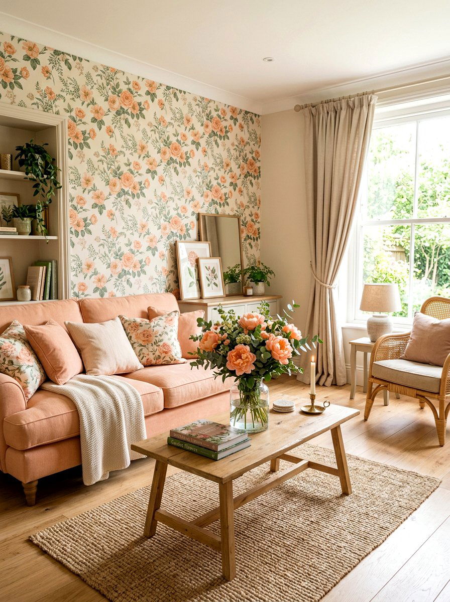 Peach and floral living room - 30 peach living room ideas