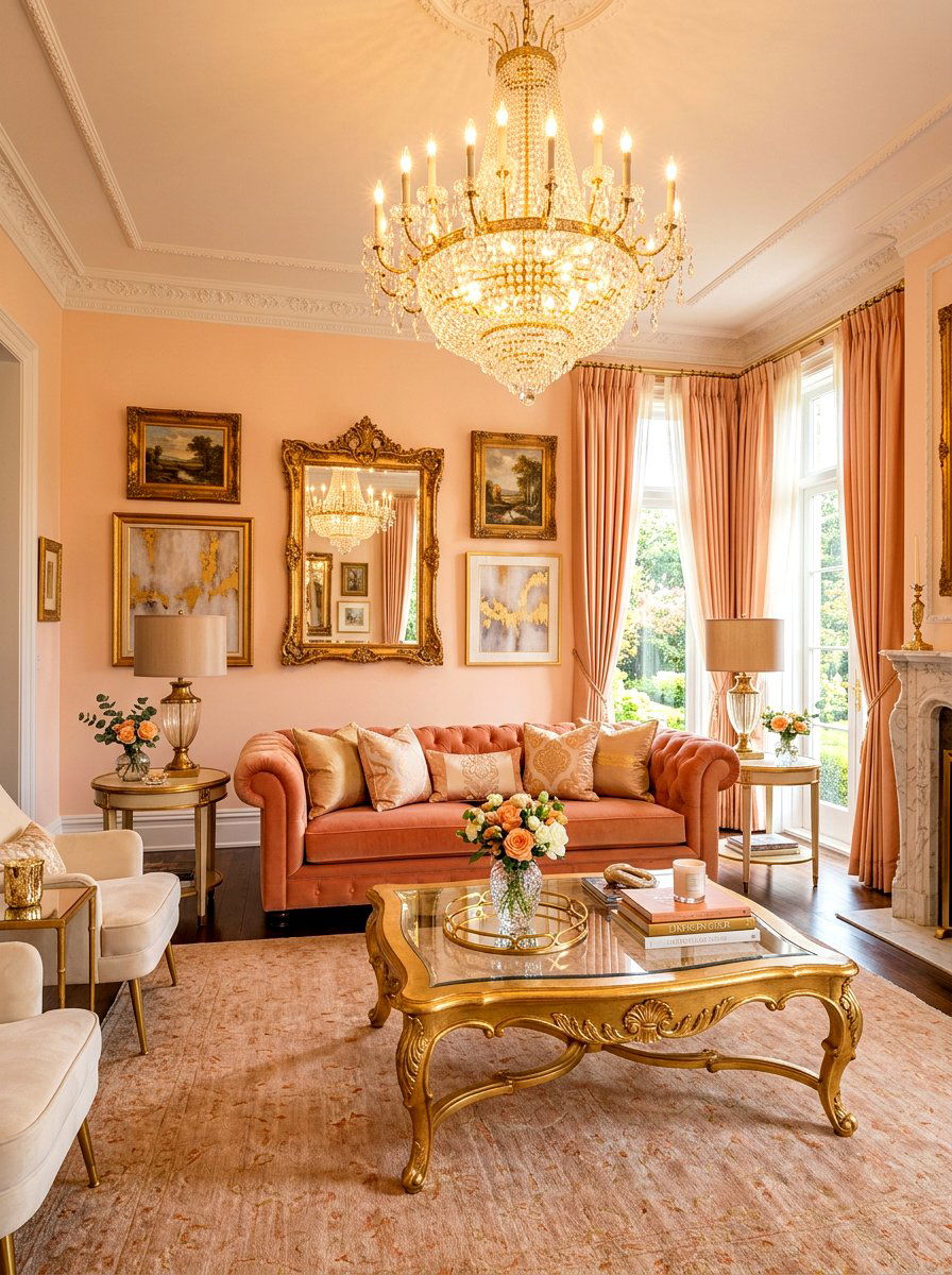 Peach and gold living room - 30 peach living room ideas