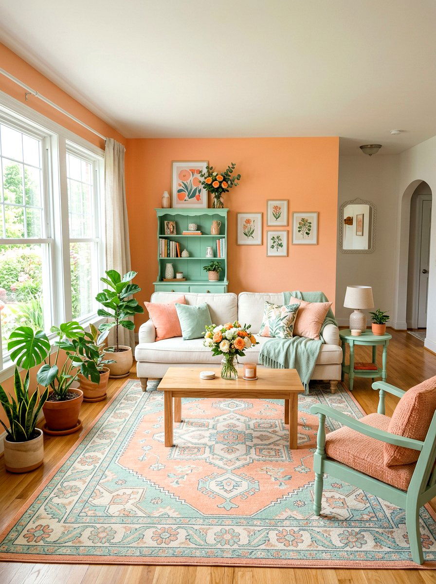 Peach and mint green living room - 30 peach living room ideas