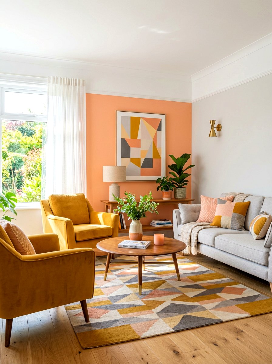 Peach and mustard yellow living room - 30 peach living room ideas