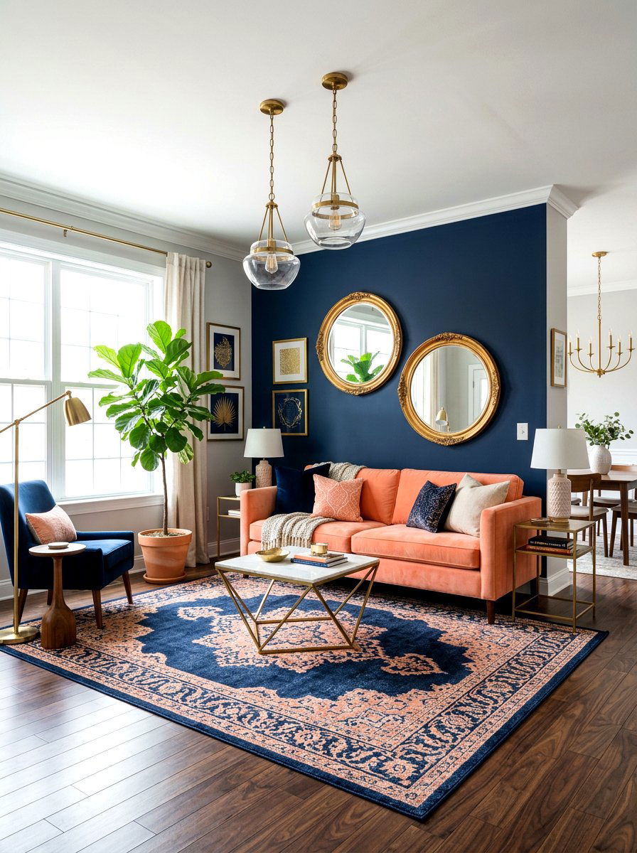 Peach and navy blue living room - 30 peach living room ideas